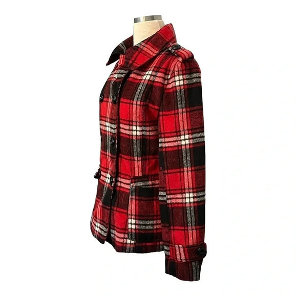 COCOA PLATINUM PLAID JACKET DOUBLE BREAST RED BLACK COAT WOOL‎ LINED SIZE MEDIUM - Picture 2 of 13